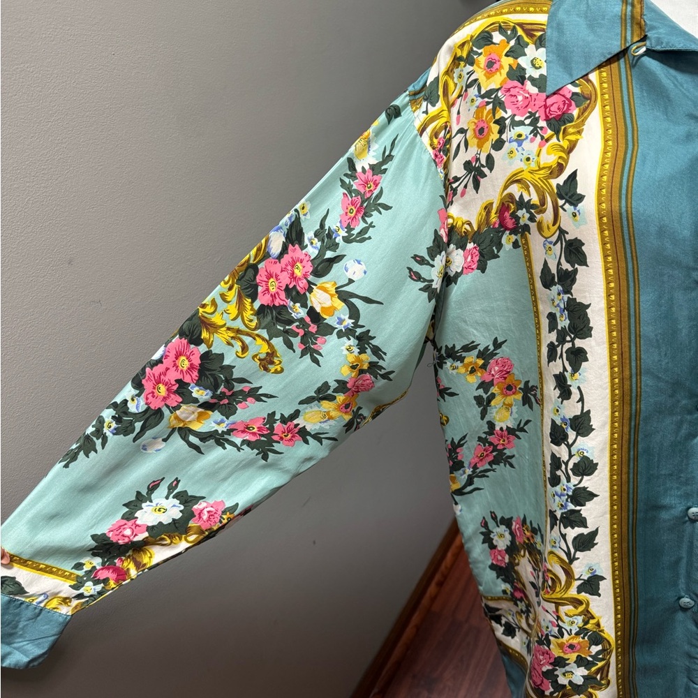 Elegant Vintage Floral Silk Blouse - Teal & Multicolor size L - Picture 4 of 13